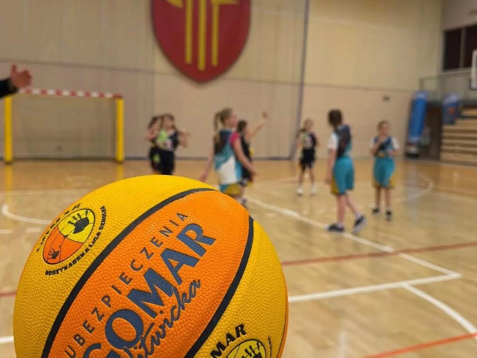 Piłka z logo Gomar Ubezpieczenia na tle hali sportowej